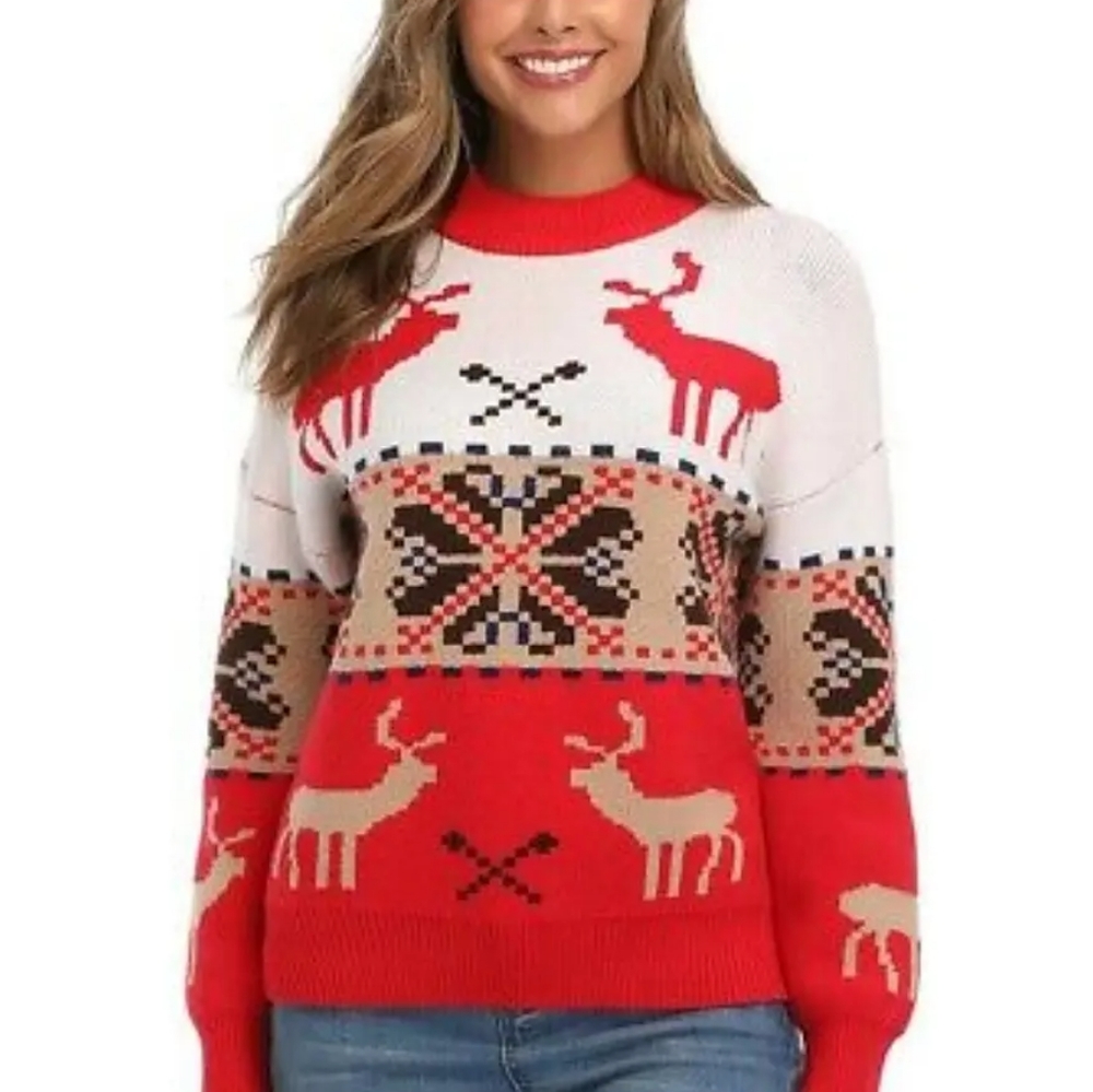 NWT Mocotono Women's Christmas Crewneck Sweater Snowflake & Reindeer Pullover